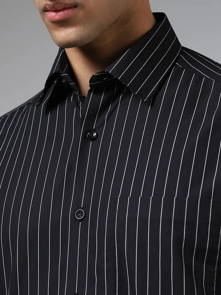 WES Formals Black Pin Striped Cotton Relaxed-Fit Shirt