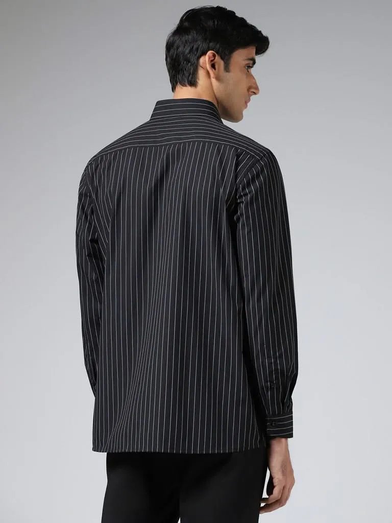 WES Formals Black Pin Striped Cotton Relaxed-Fit Shirt