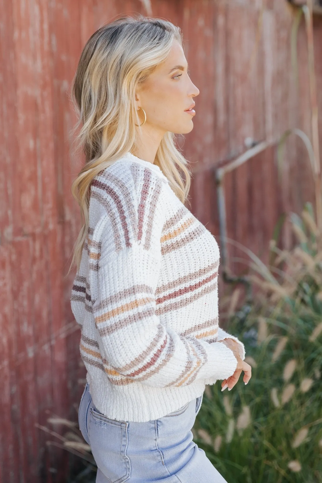 White Multi Stripe Ribbed Sweater