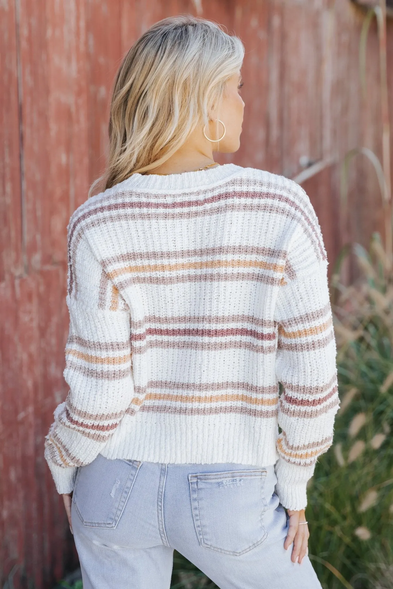 White Multi Stripe Ribbed Sweater