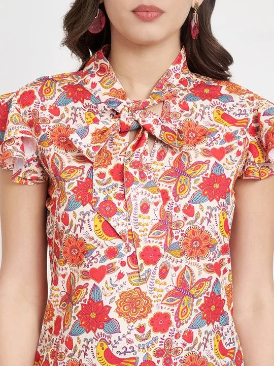 Women Floral Printed Tie-Up Neck Top