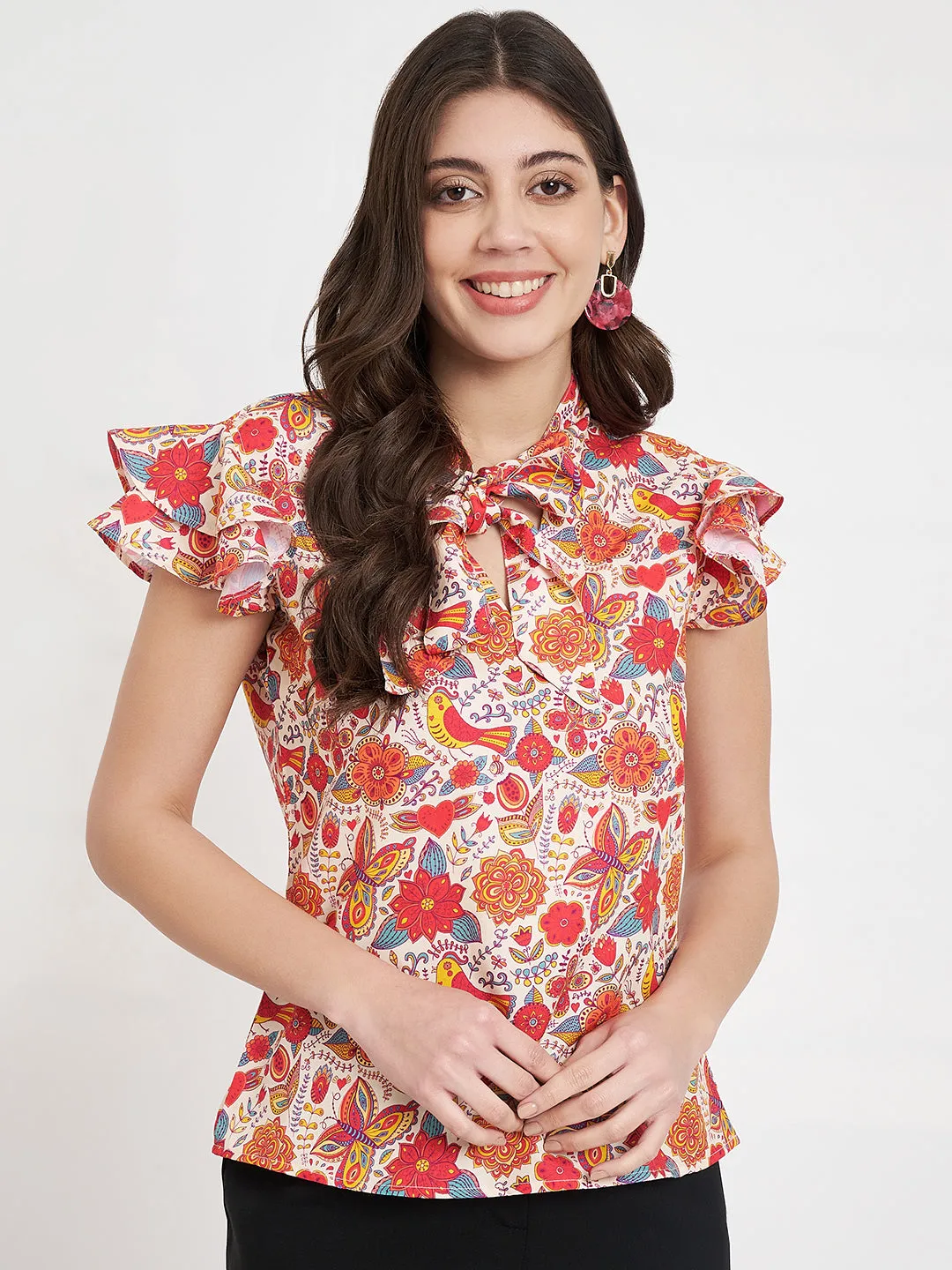 Women Floral Printed Tie-Up Neck Top