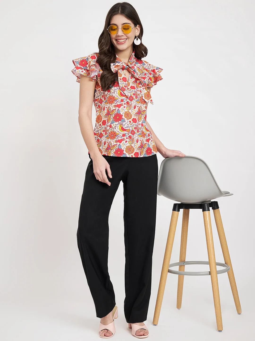 Women Floral Printed Tie-Up Neck Top