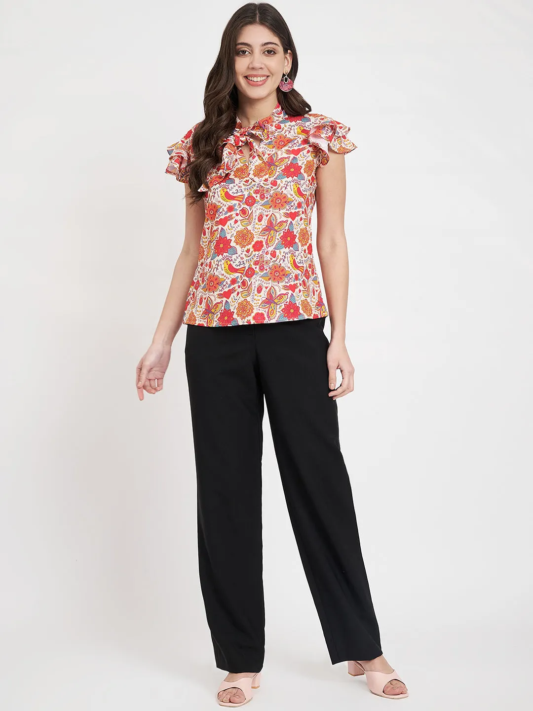 Women Floral Printed Tie-Up Neck Top