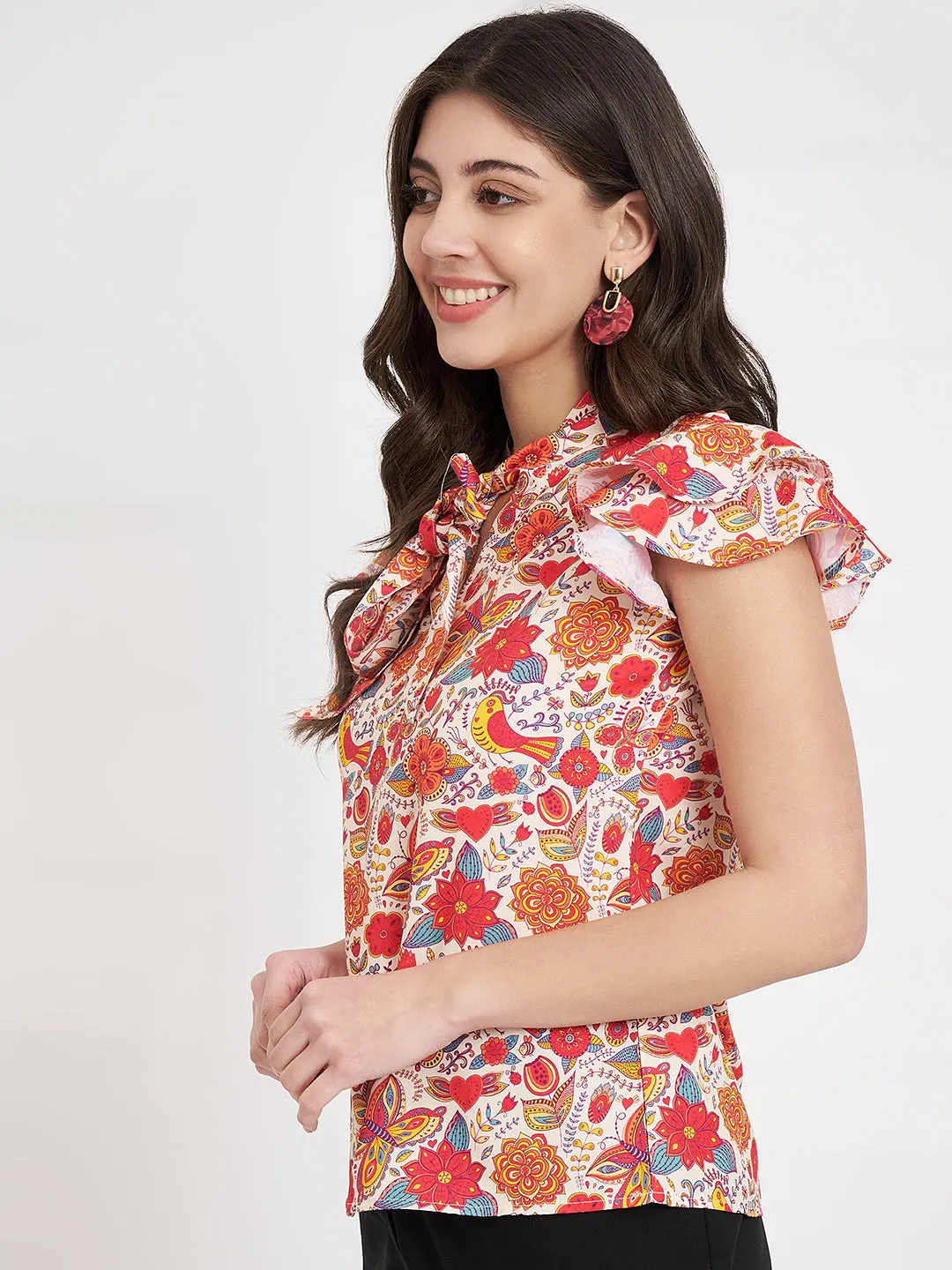 Women Floral Printed Tie-Up Neck Top