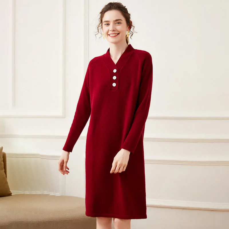 Women's Cashmere Dresses Long Sleeve Cashmere Sweather Dresses Winter Warm Dress