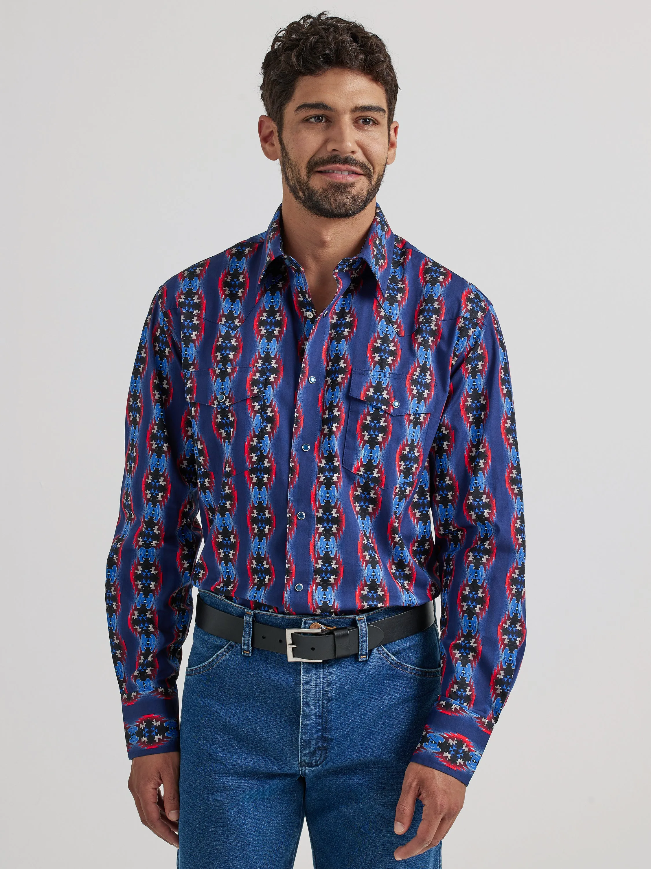 Wrangler Men's Vibrant Blue Checotah Vertical Print Snap Western Shirt